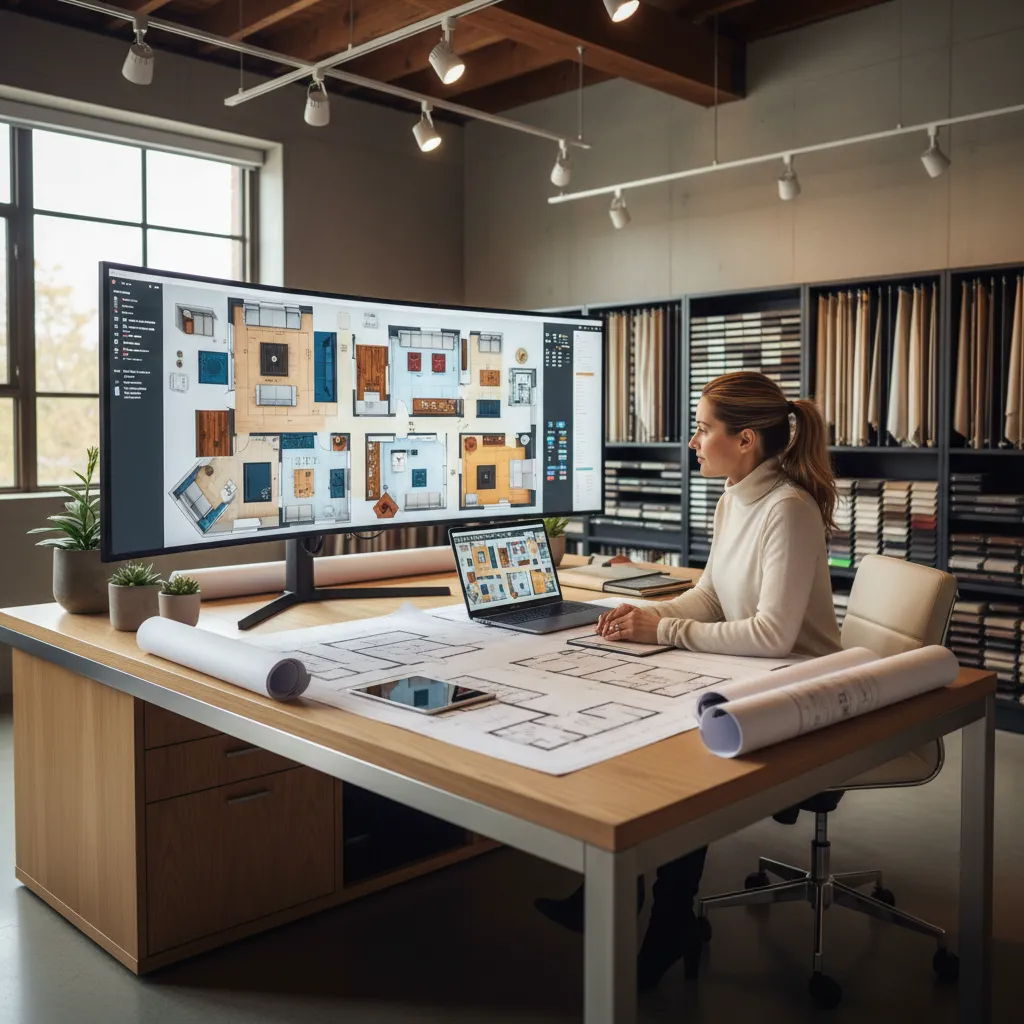 Diseñador revisando distribución de habitaciones generada por inteligencia artificial