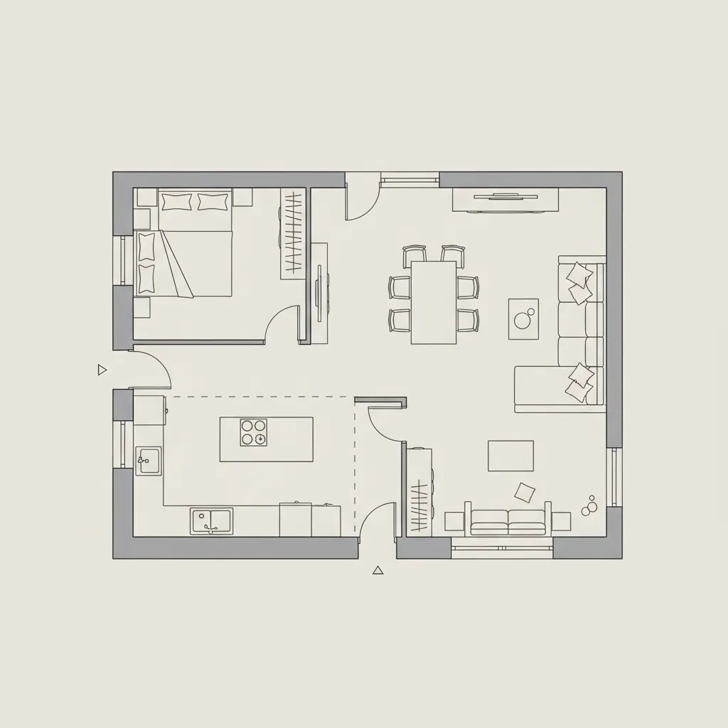 AI generated house layout diagram showing zoning between kitchen living and bedrooms