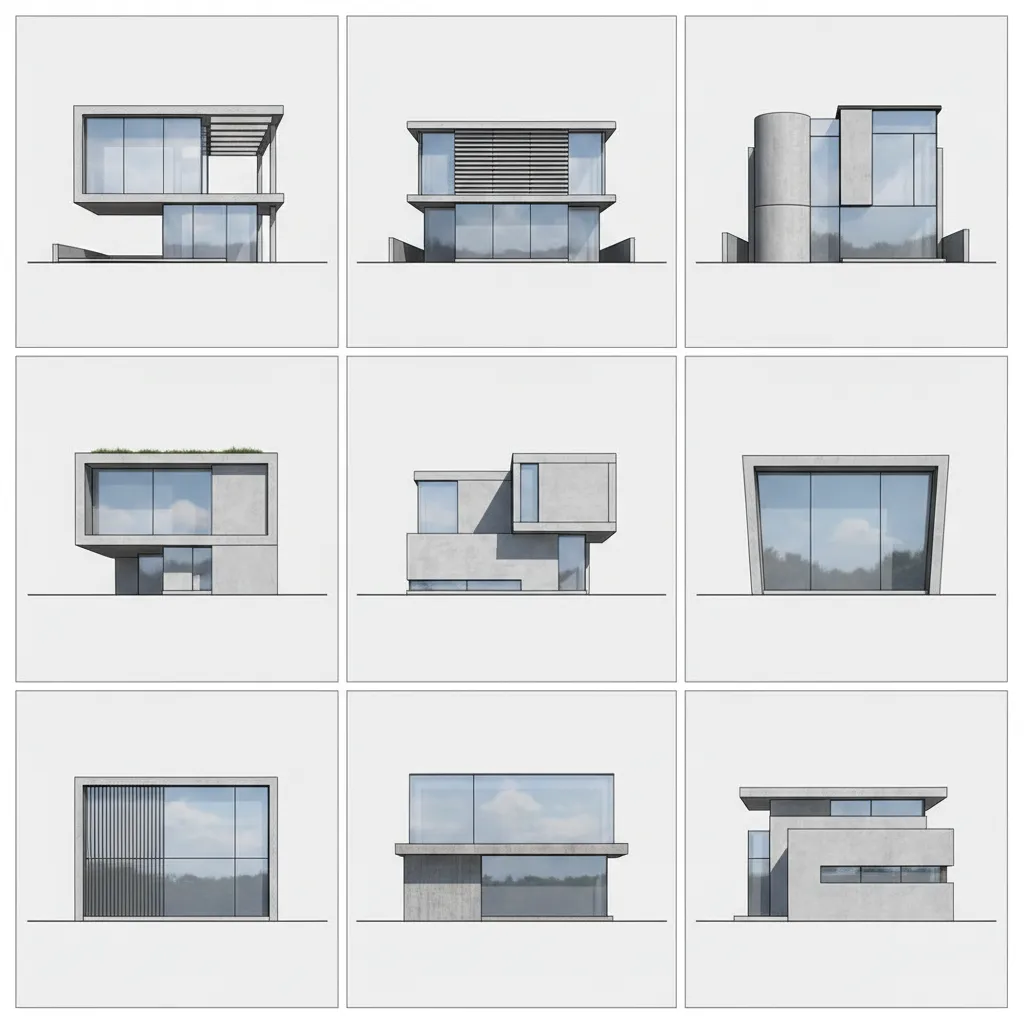 multiple variations of modern house elevation concepts generated by AI