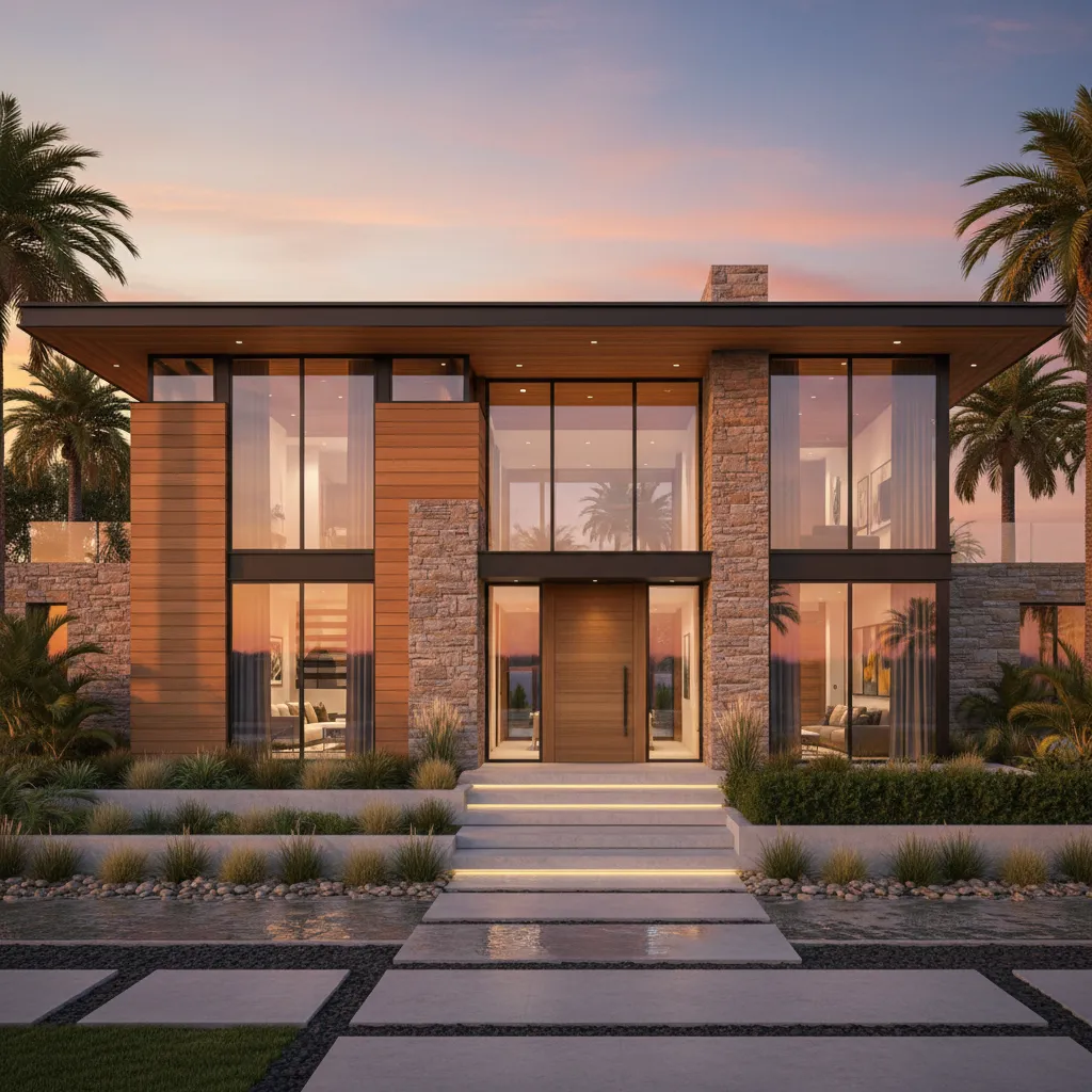 photorealistic AI rendered modern house exterior elevation