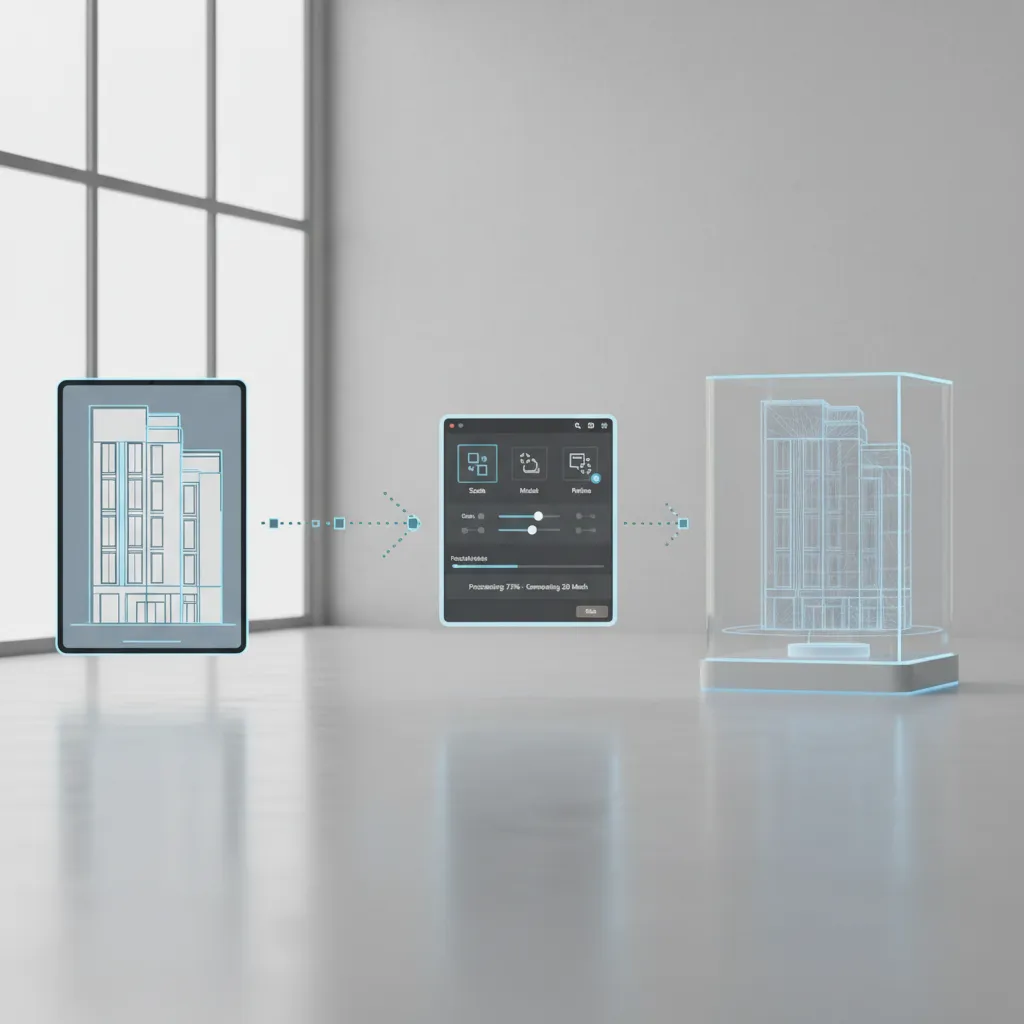 Concept illustration showing conversion from flat image reference into a 3D object model
