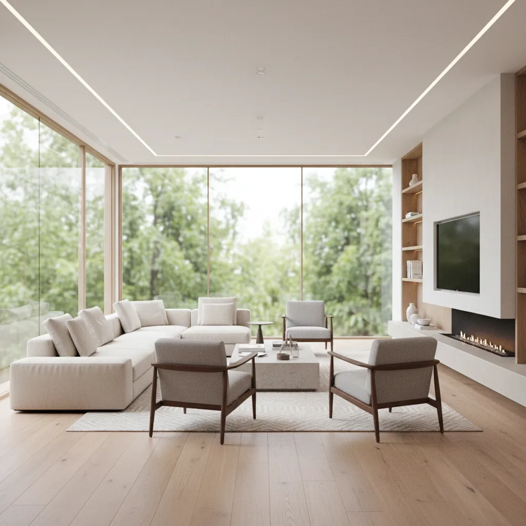 Beige sofa grey chairs fireplace wooden floor large windows and green trees in living room