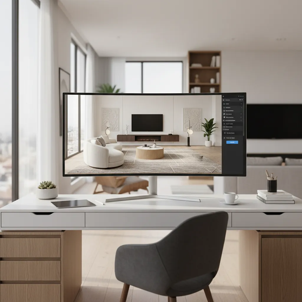 Desktop computer monitor showing modern living room interior design with white sofa and wooden floor