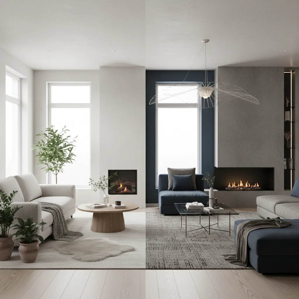 Diseño de interiores generado digitalmente mostrando diferentes estilos en una misma habitación