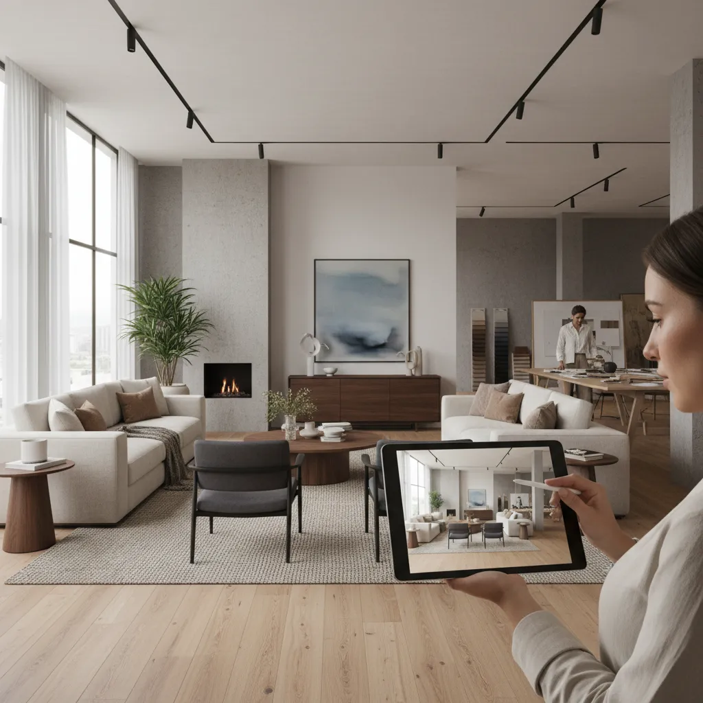 Woman holding a tablet showing a 3D interior design drawing of a modern living room