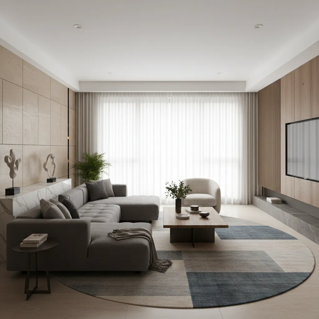 Modern living room with grey large sofa wooden coffee table round rug and white curtains