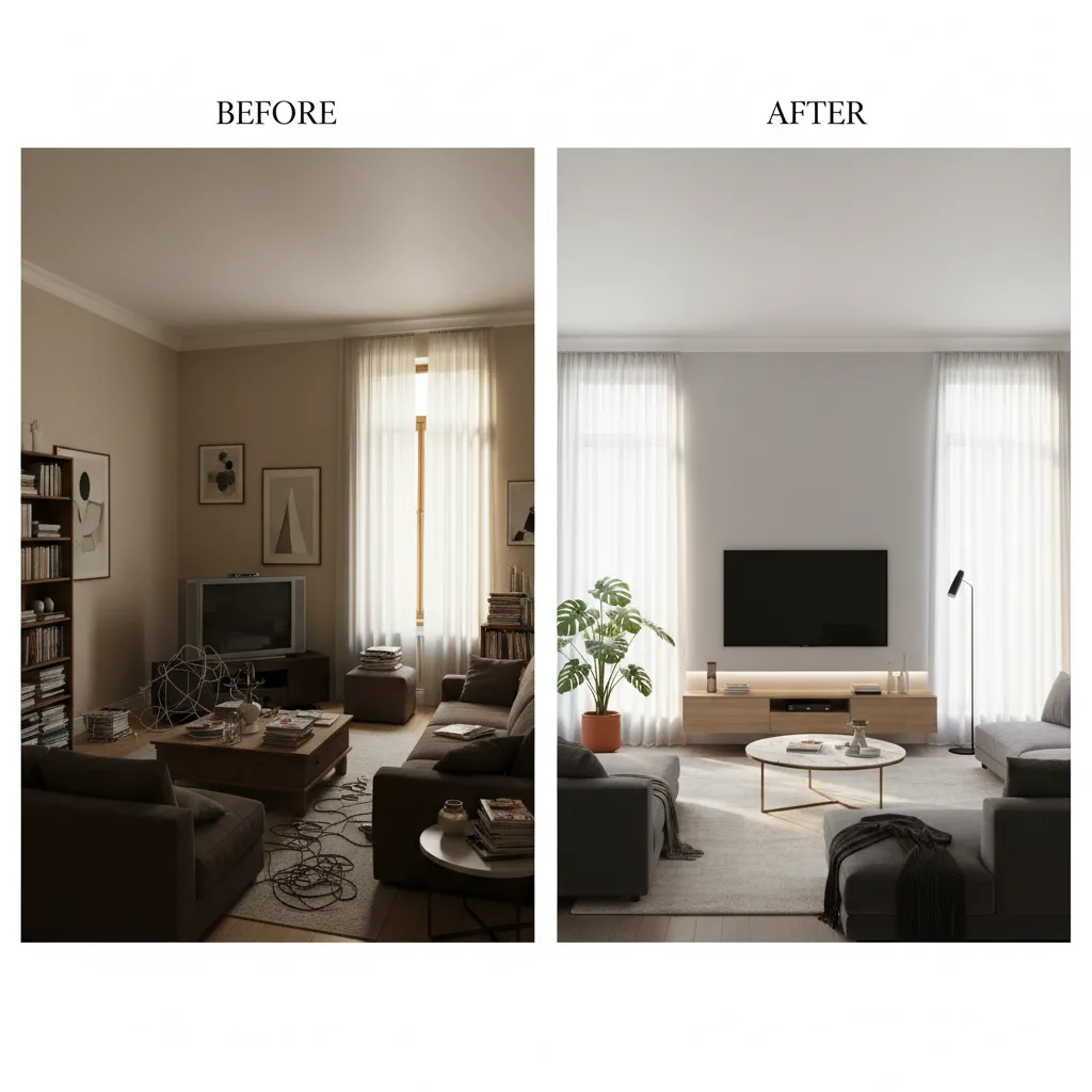 Before and after comparison showing a messy old living room versus a clean modern design