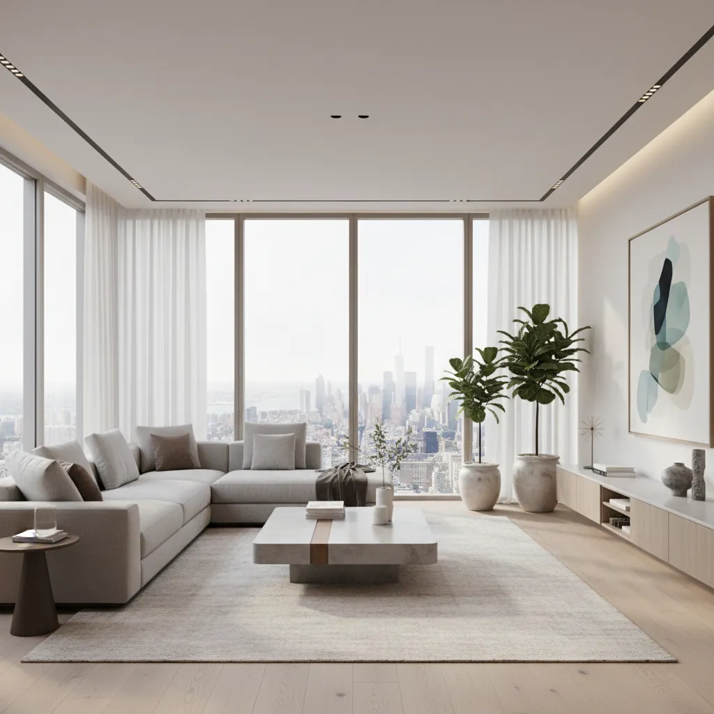 Modern living room featuring grey sofa large windows city view potted plants and wood floor