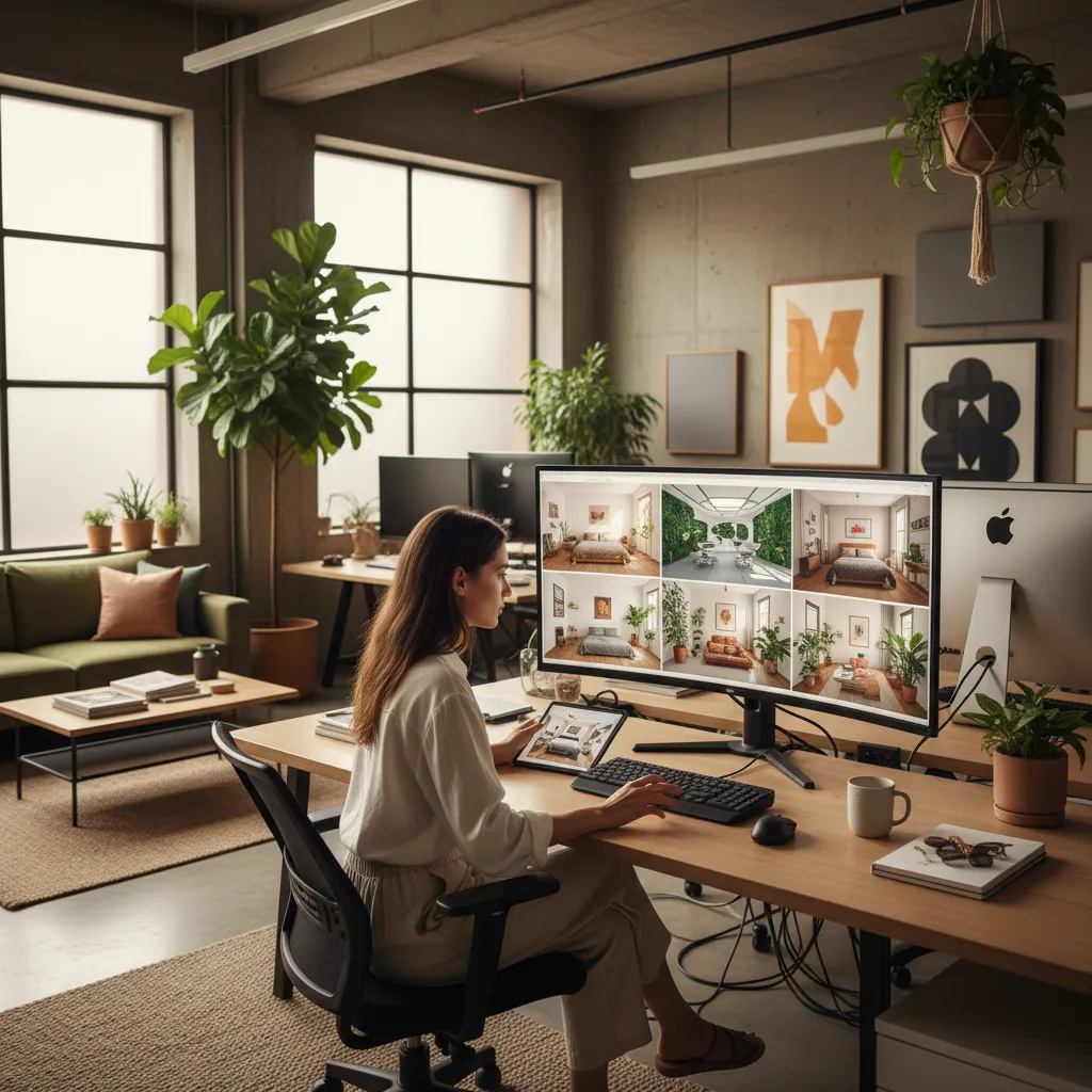 Diseñador probando diferentes estilos de interior usando inteligencia artificial