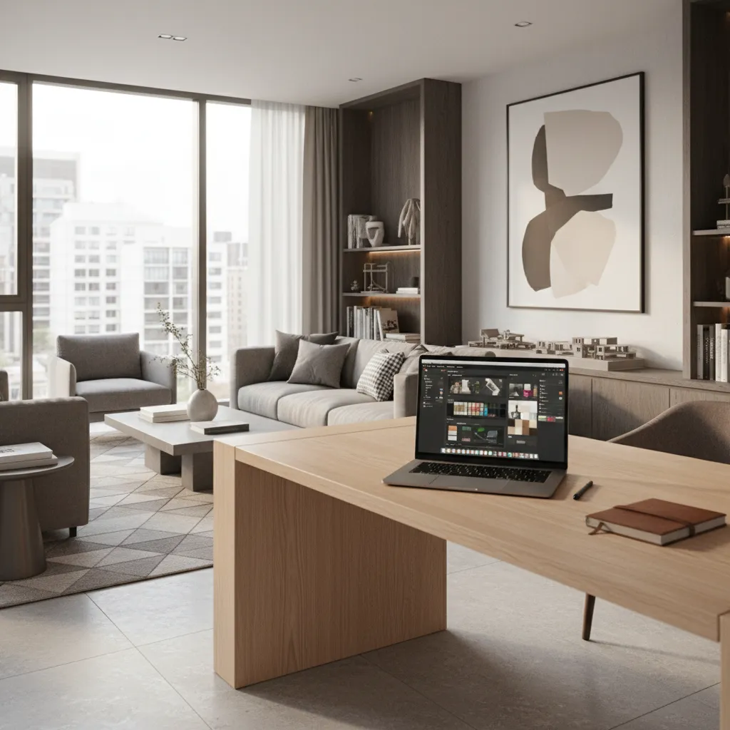 Laptop on wooden desk showing interior design software in modern living room with large windows