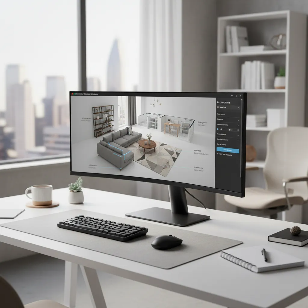Computer monitor showing interior design drawing software on white desk with keyboard and city view