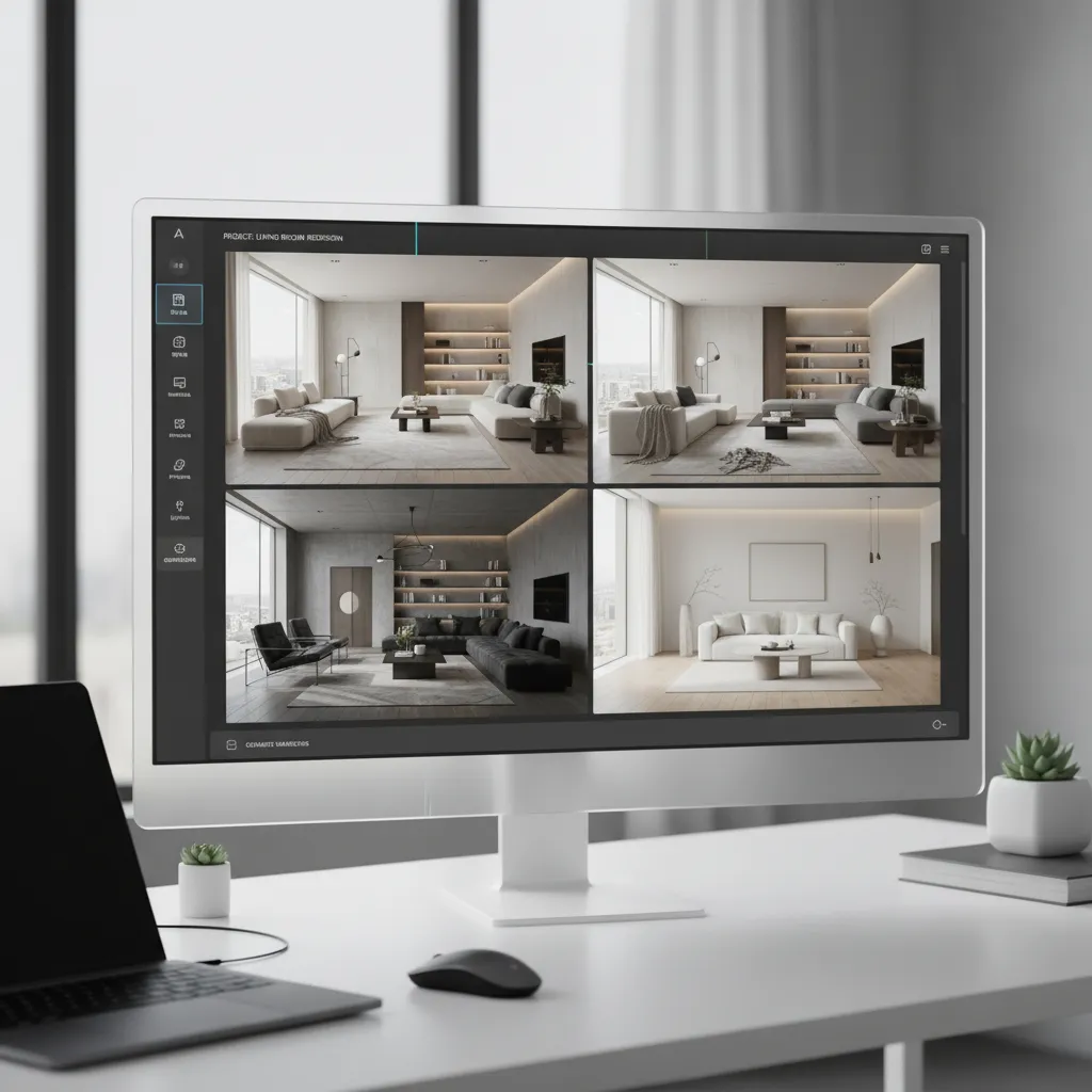 Interfaz de software de inteligencia artificial generando diferentes estilos de salón