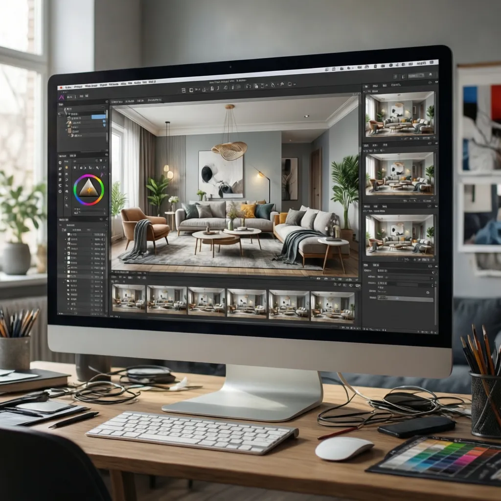 Desktop computer screen showing interior design drawing software and living room layout on wooden desk