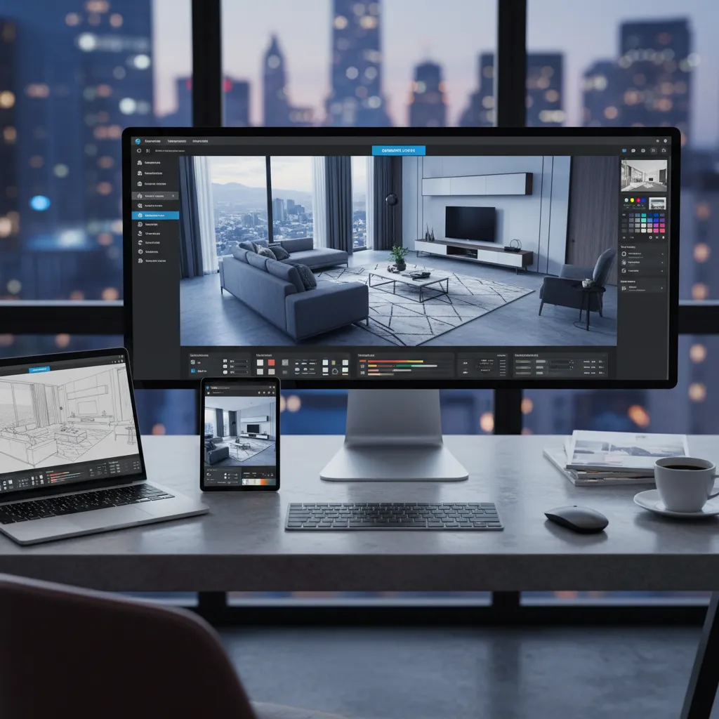 Large monitor displaying interior design drawing on a desk with laptop and tablet in evening