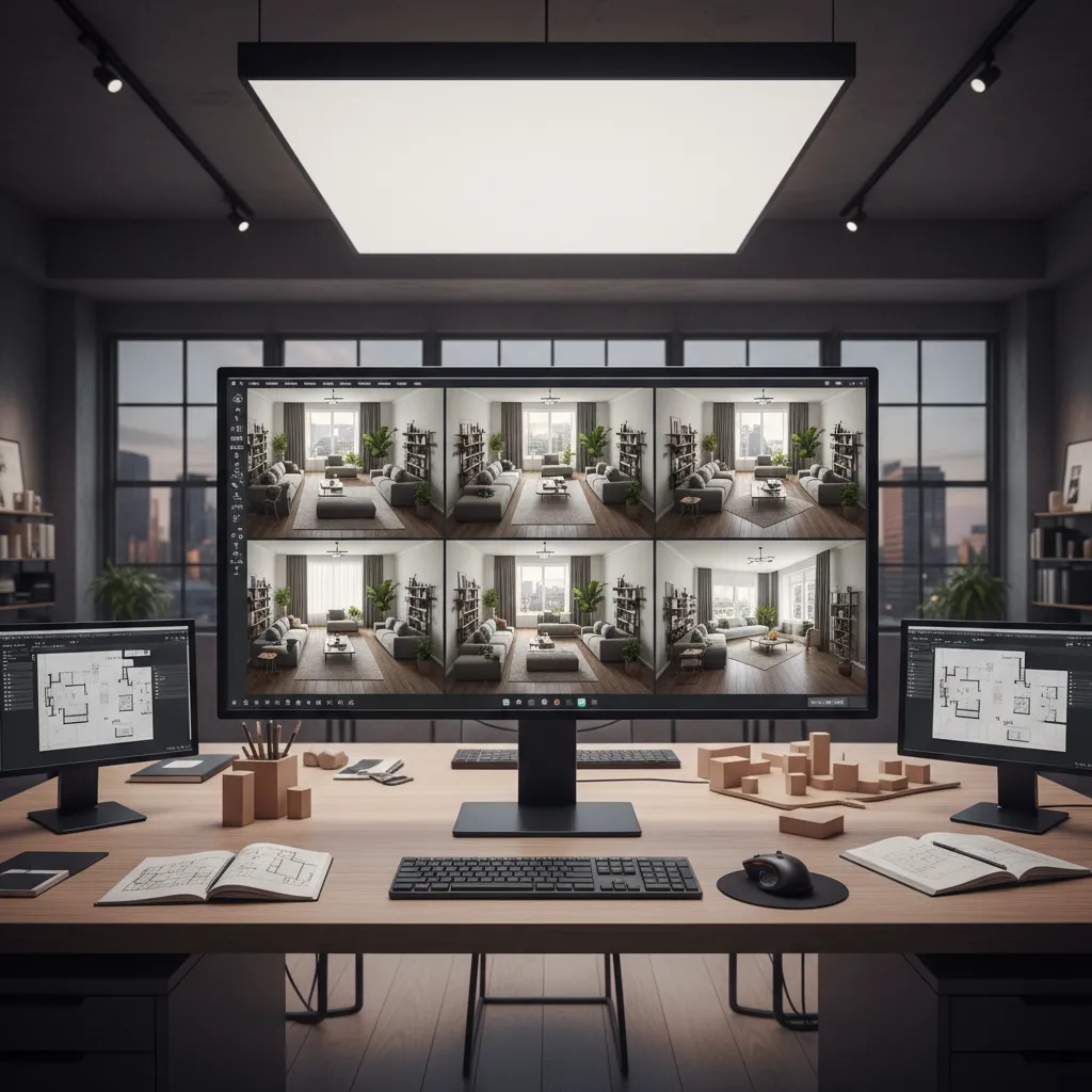 Pantalla mostrando varias propuestas de diseño de salón generadas por inteligencia artificial