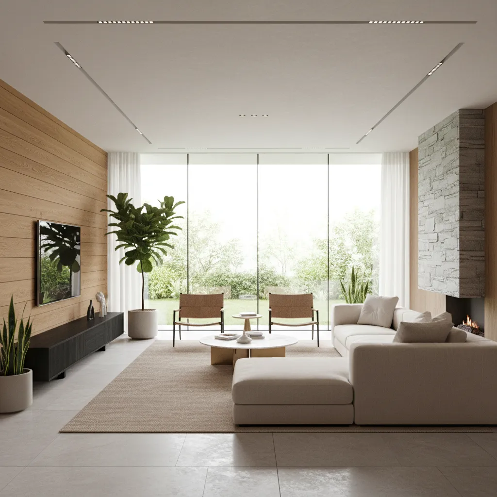 Modern living room with white sofa wooden wall panel large windows green plants stone fireplace