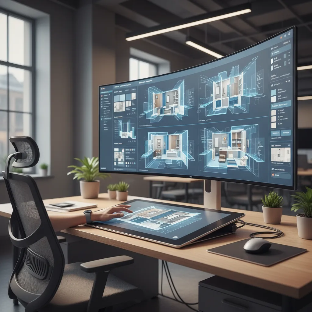 Software de diseño interior generando propuestas de espacio en ordenador