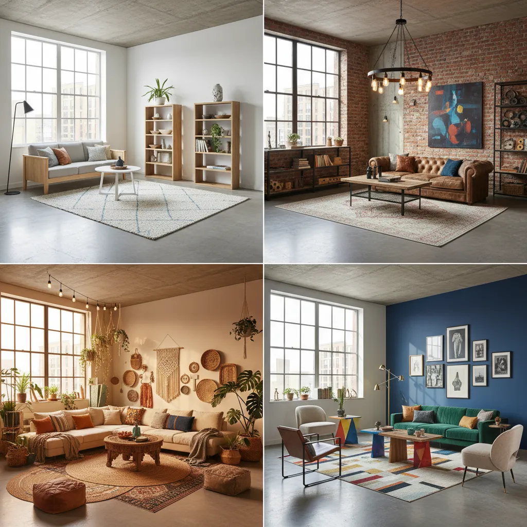 Four different living room styles showing wood brick colorful and warm interior design layout ideas