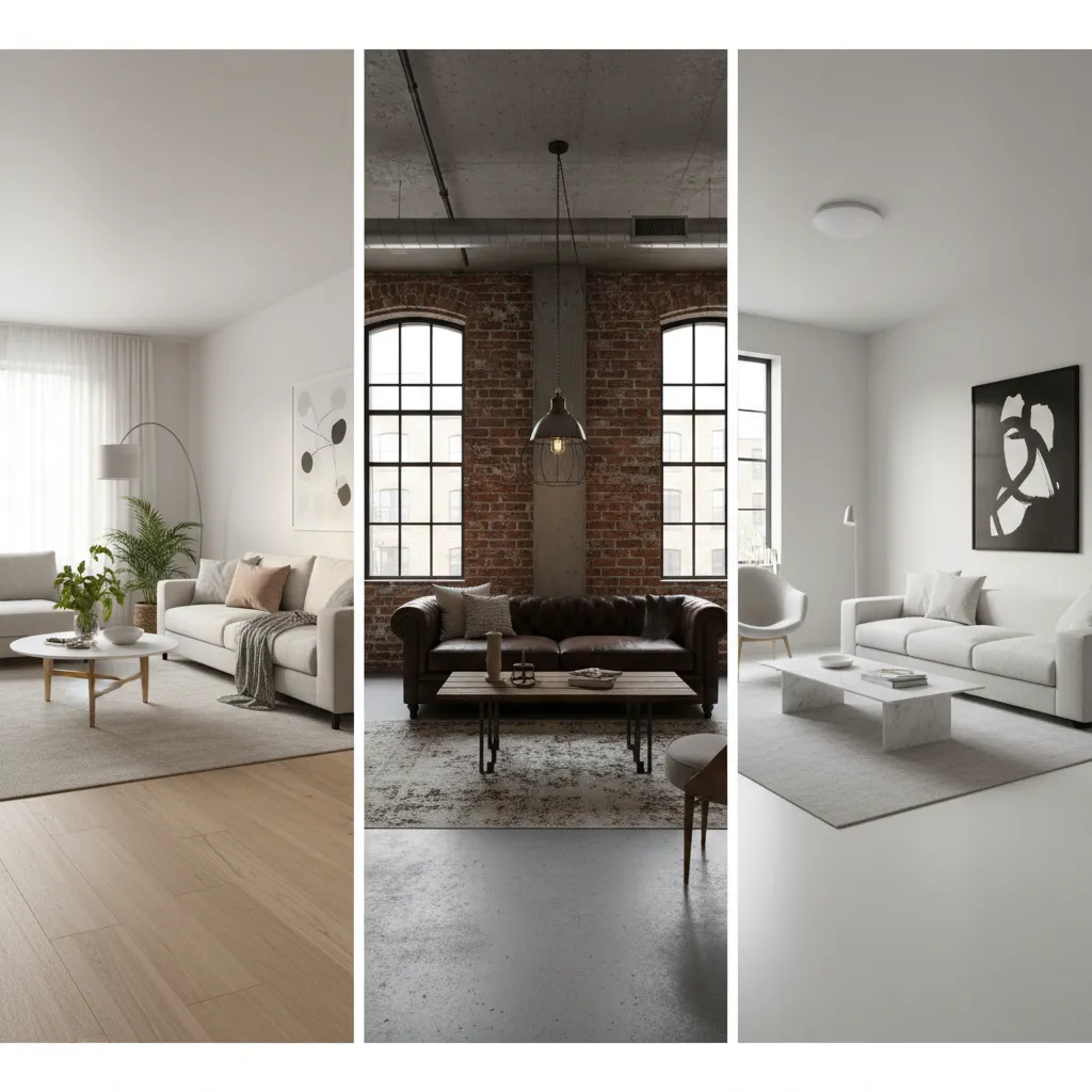 Three different living room styles showing scandinavian industrial and minimalist designs with sofas and tables