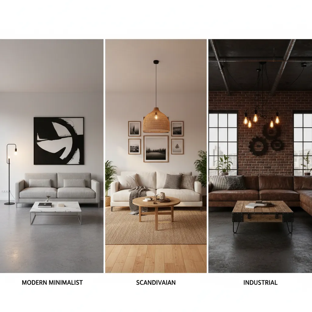 Three interior design style options including modern minimalist Scandinavian and industrial living room furniture layouts