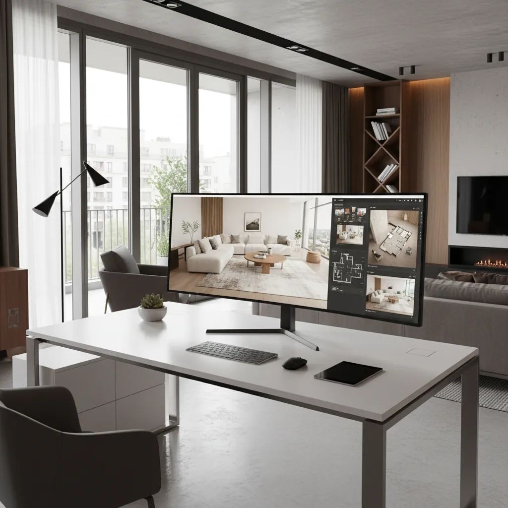 Coohom software on monitor showing floor plan and 3D interior design drawing on white desk