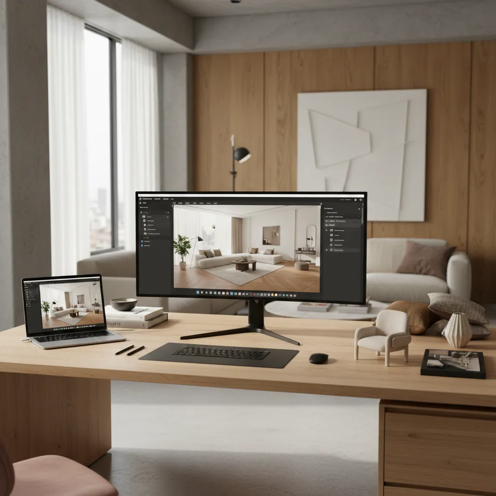 Computer monitor and laptop on wooden desk showing interior design drawing software in modern office