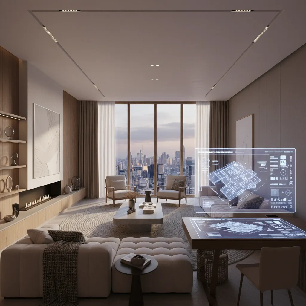 Modern living room with city view showing a digital floor plan design on the table