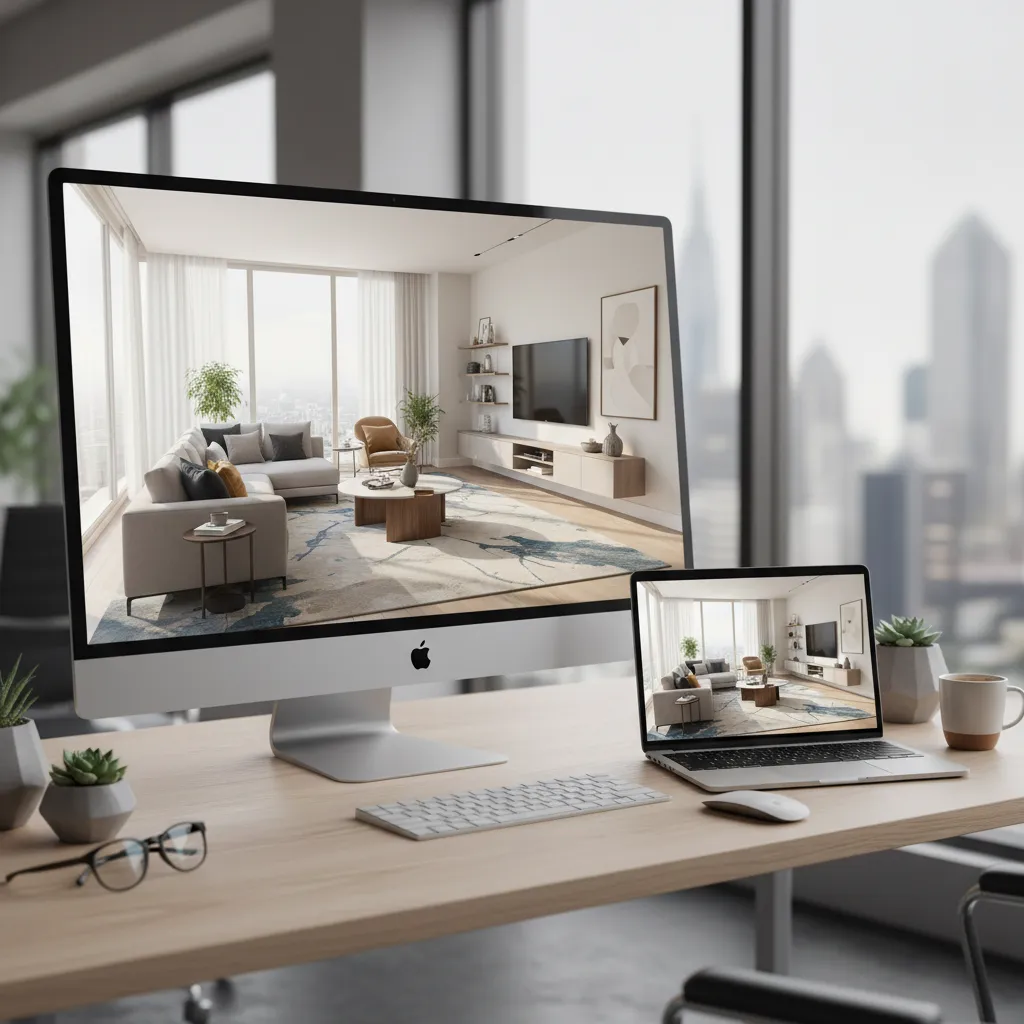 Desktop monitor and laptop showing modern living room interior design drawing with big city view