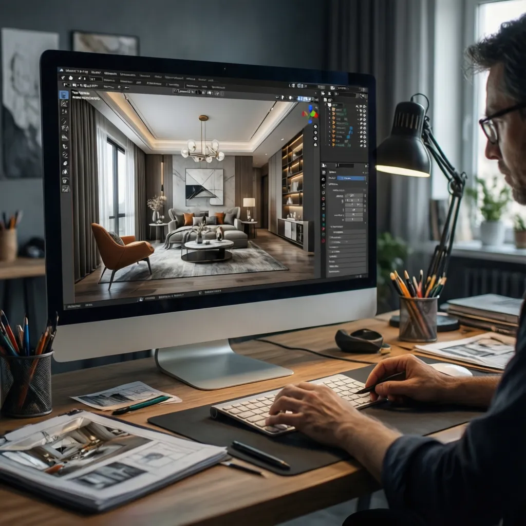 Designer using computer screen to create interior design drawing of living room with ceiling light