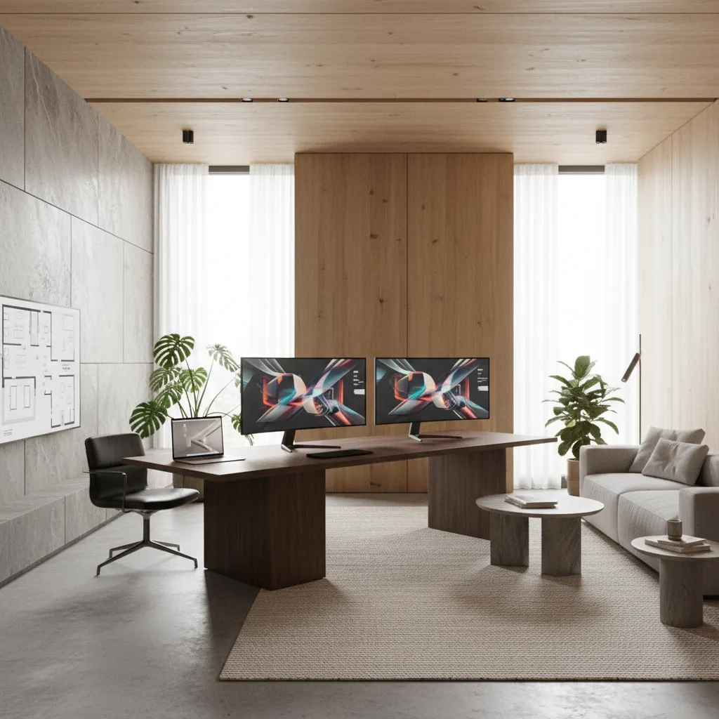Modern home office room layout with dual monitors wooden desk and wall floor plan drawing