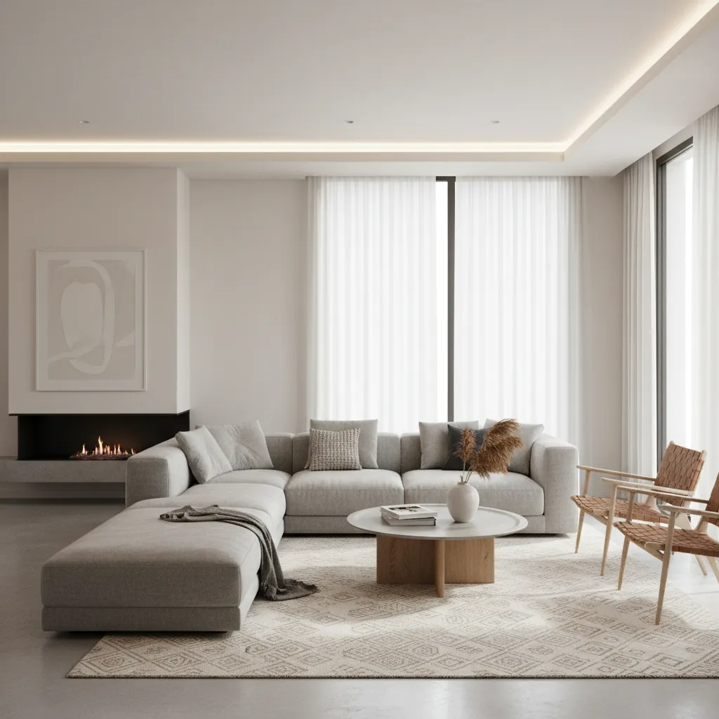 Visualización digital de un salón moderno generado mediante software de diseño interior
