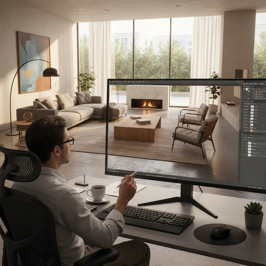 Designer using a large computer monitor to create a modern living room interior design drawing