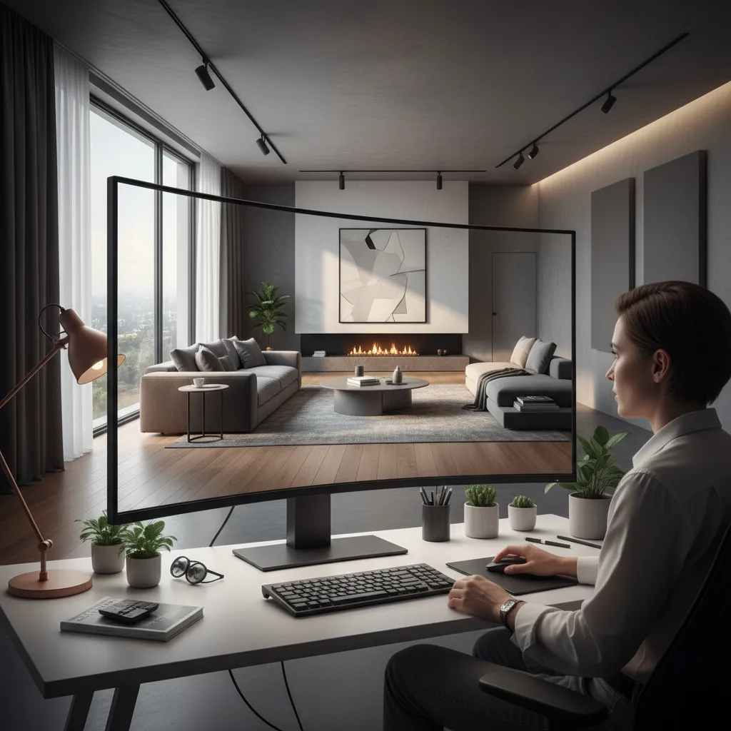 Designer sitting at desk viewing modern living room interior design drawing on large computer monitor