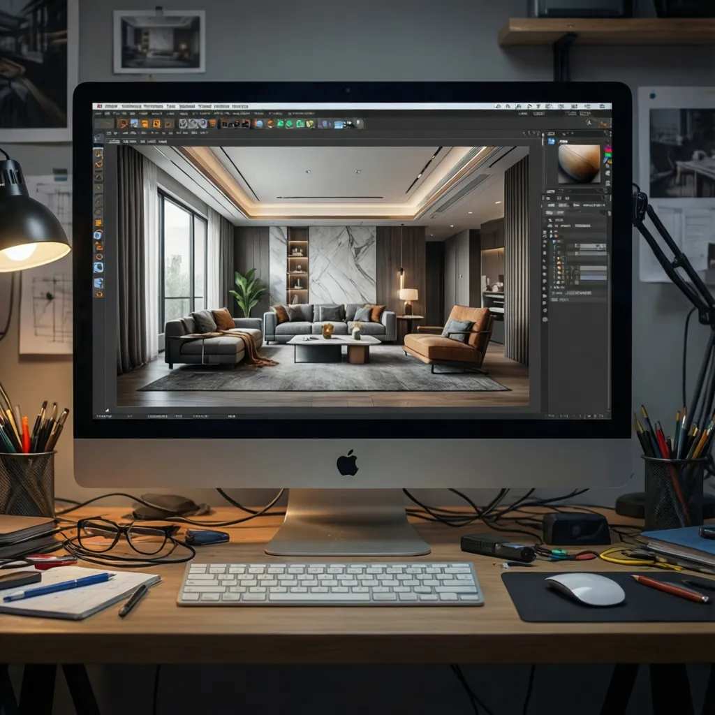 Computer screen on a desk showing an interior design drawing of a modern luxury room