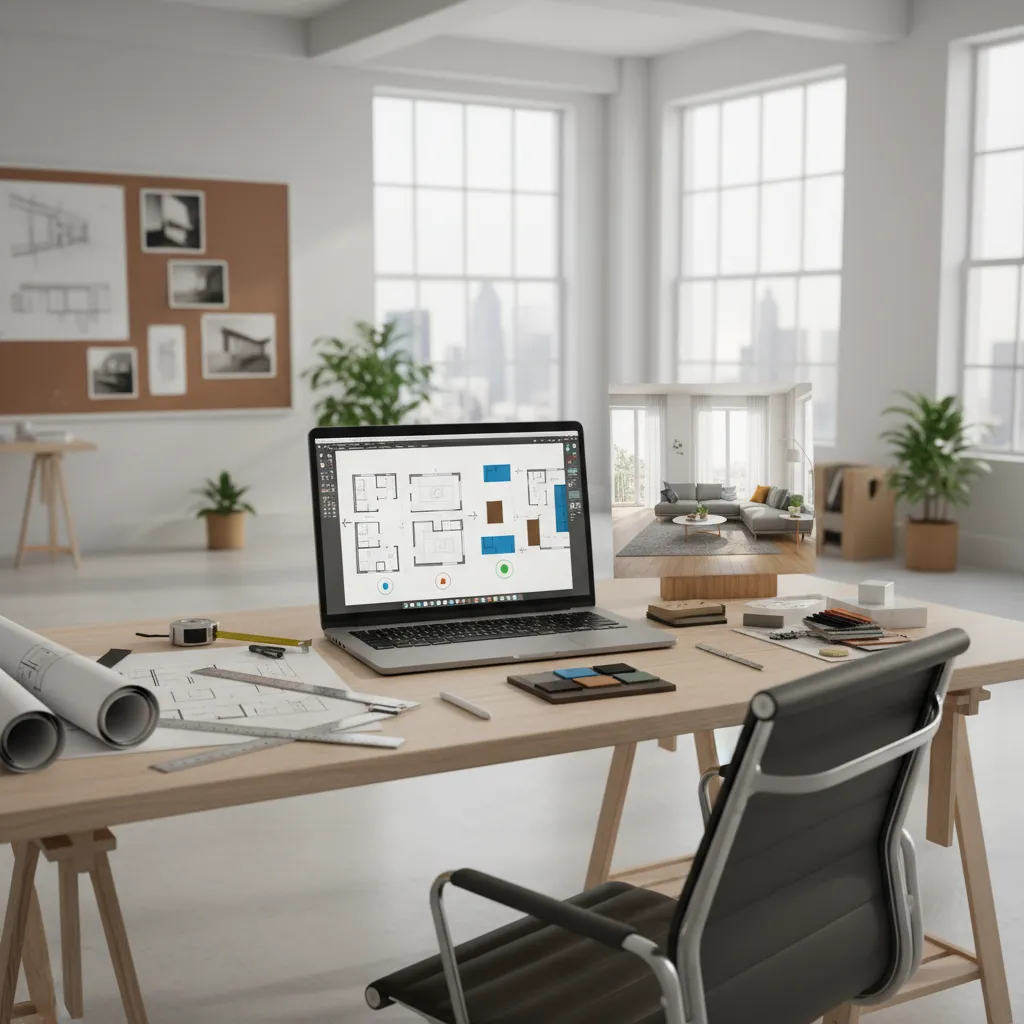 Laptop showing floor plan design on wooden desk with paper drawings and interior design drawing