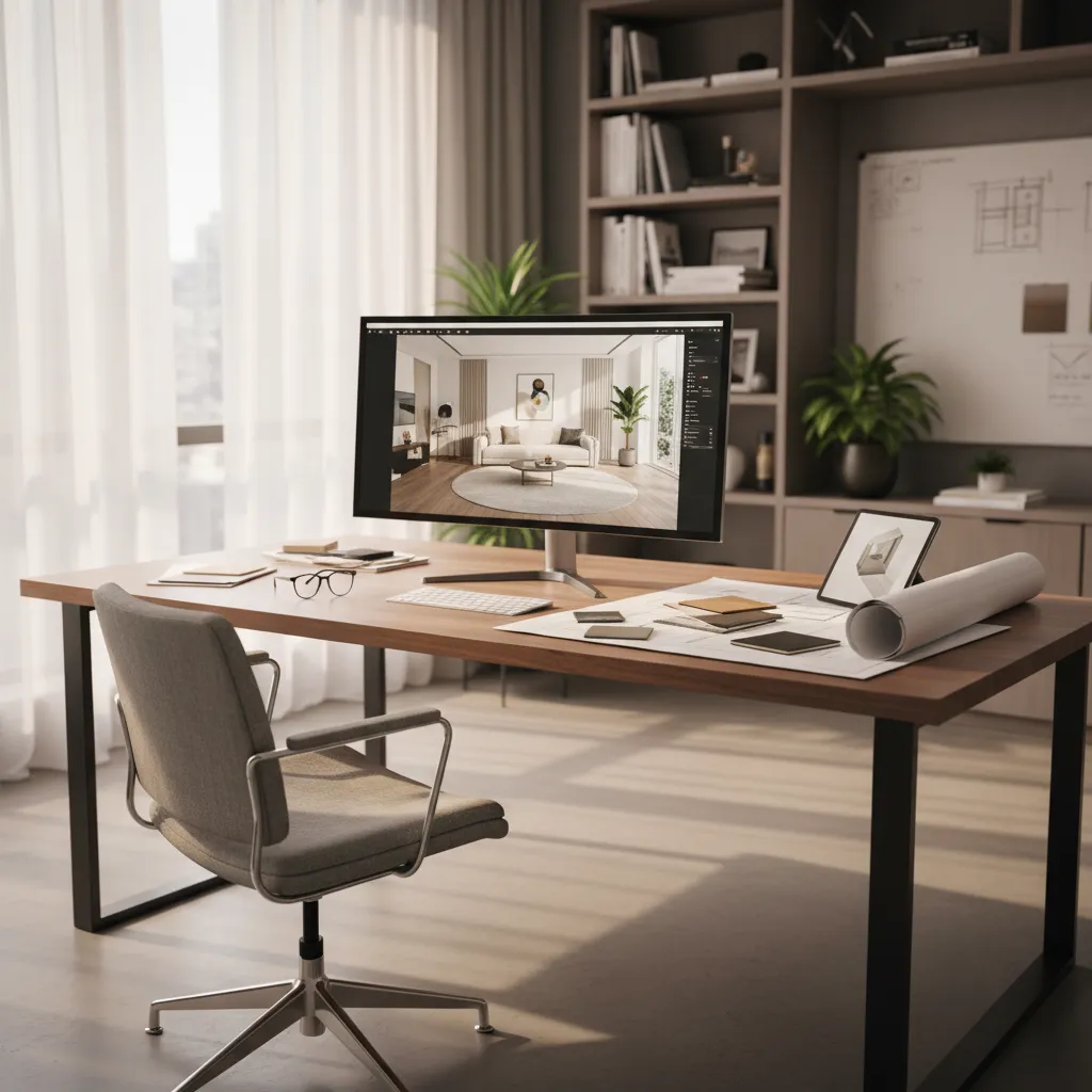 Coohom interior design workspace with desk computer monitor showing room design chair and bookshelf background