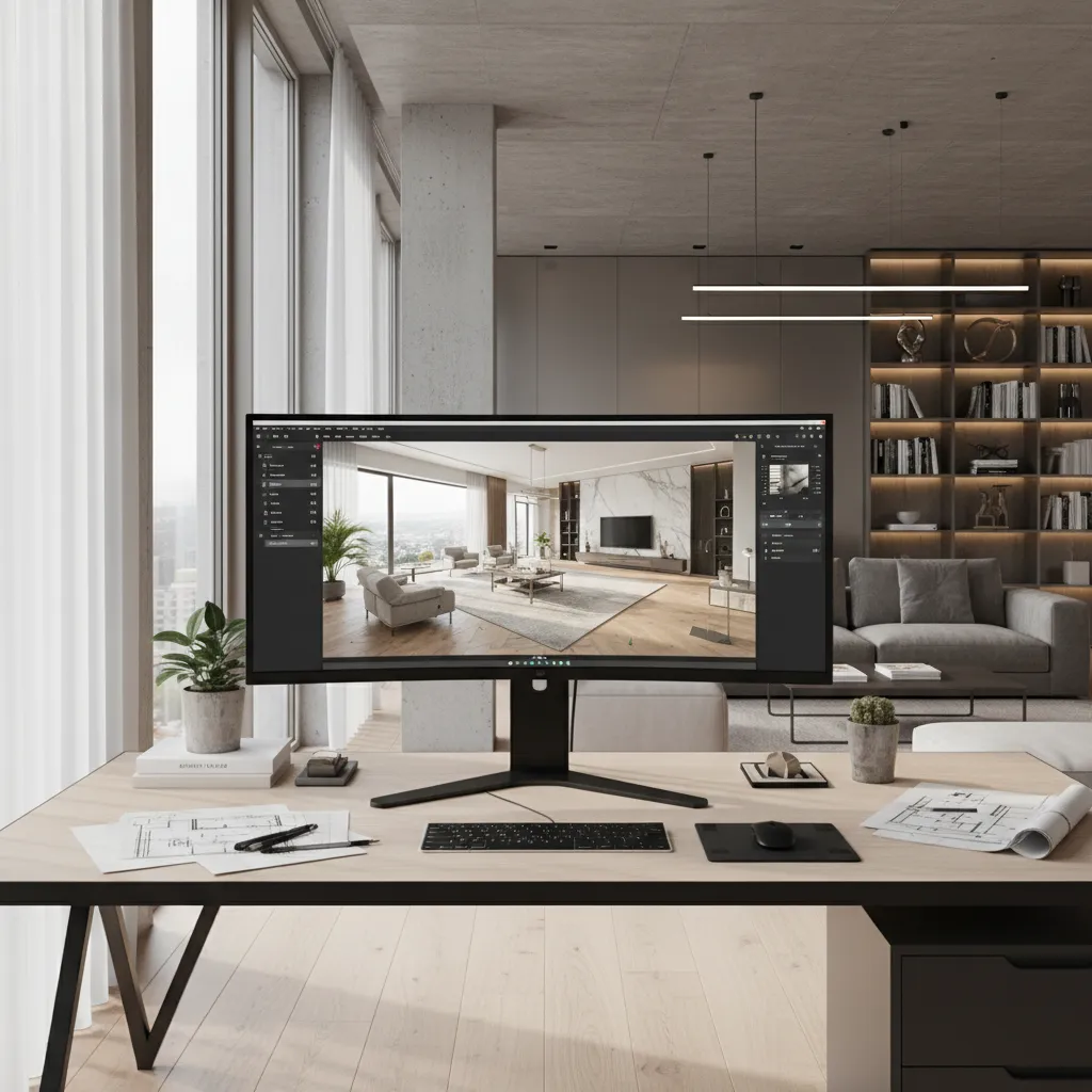 Modern workspace with monitor showing a living room interior design drawing and paper floor plans