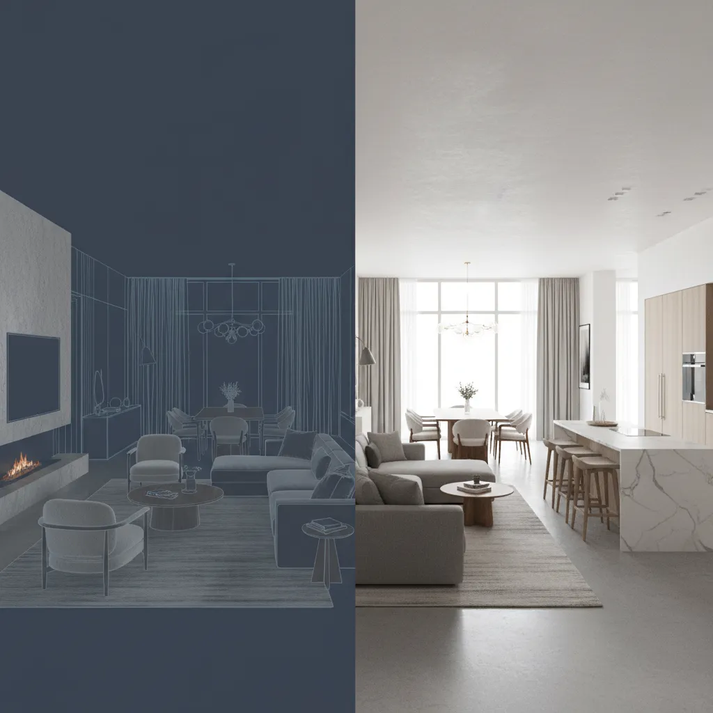 Before and after comparison of blue line interior sketch versus bright clean interior design drawing