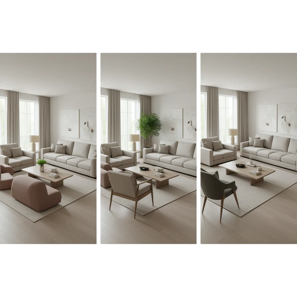 Multiple furniture layout variations generated for a living room