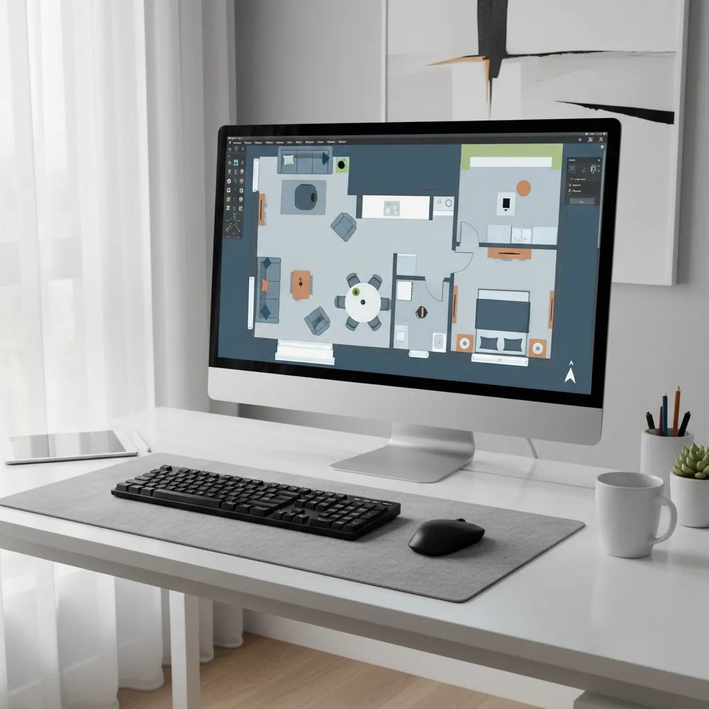 Computer monitor showing Coohom floor plan editor with a 2D room layout on white table