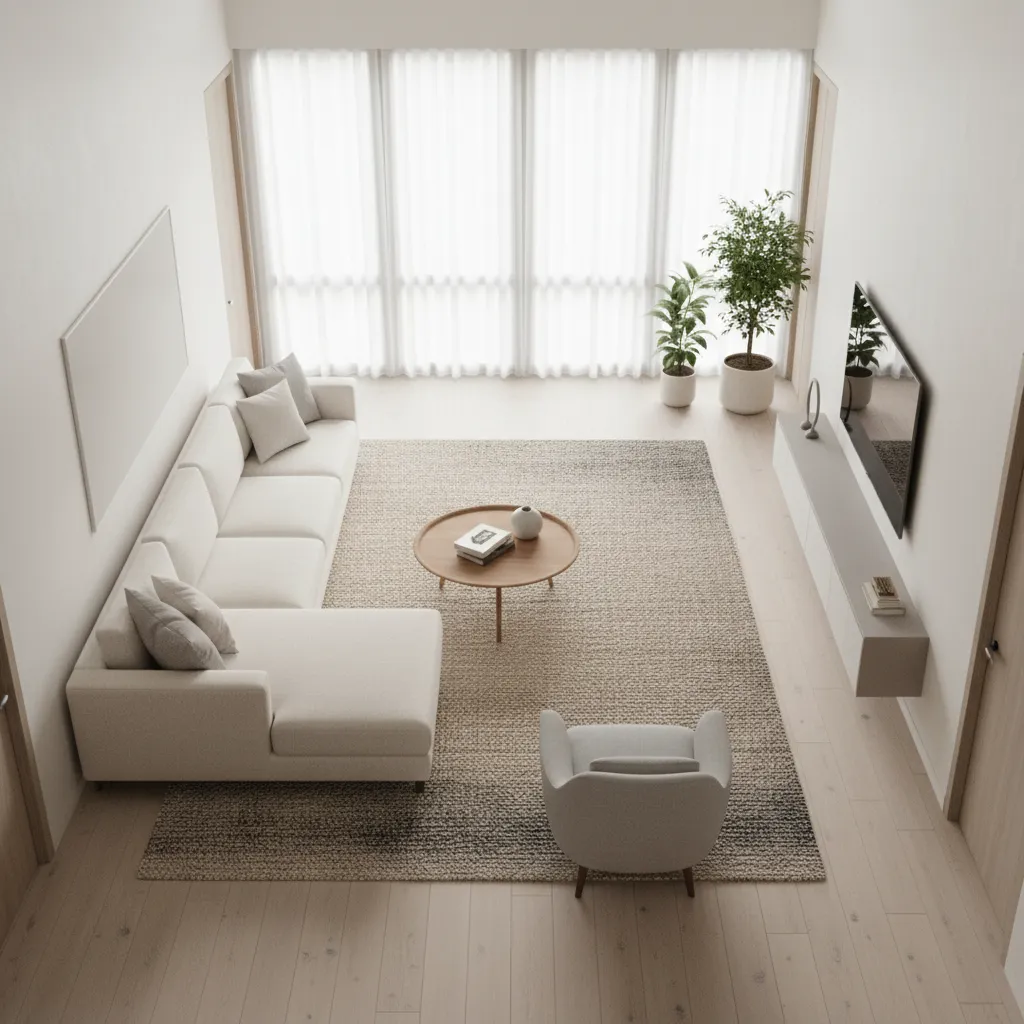 AI generated living room layout showing furniture arrangement and circulation space