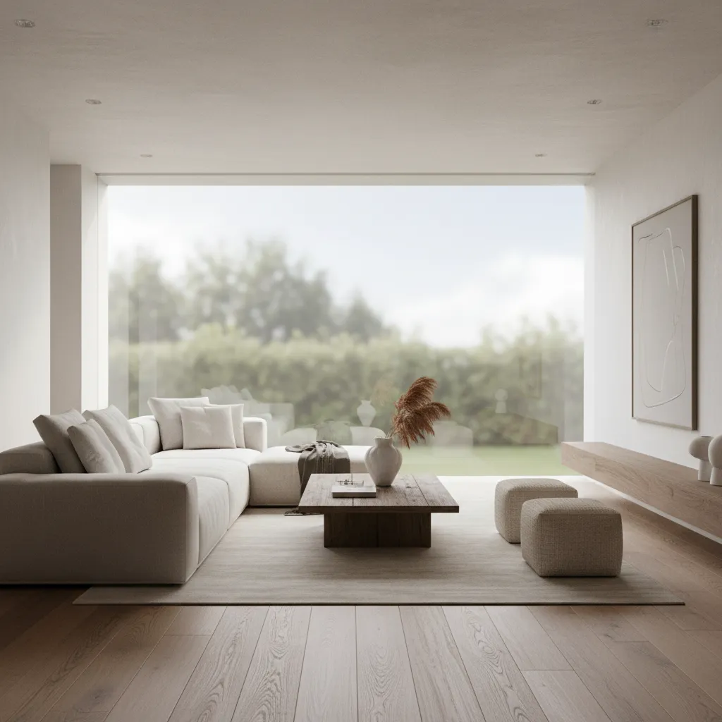 Modern living room with white sofa wooden coffee table and large window showing green garden trees