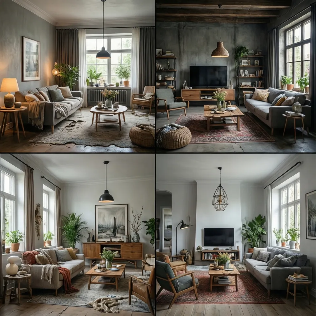 Four different living room interior design drawings showing various styles with sofas tables and lighting