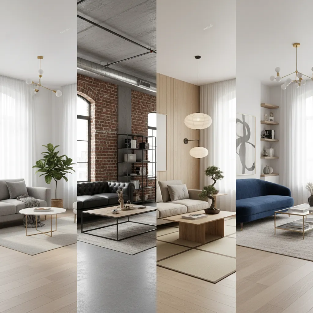 Four different living room interior design styles including modern industrial and minimalist wooden home decor