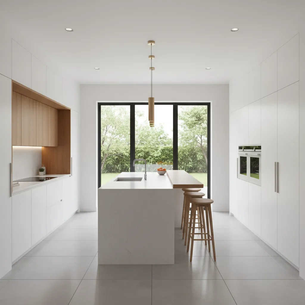 AI generated kitchen remodel layout concept with island and cabinetry