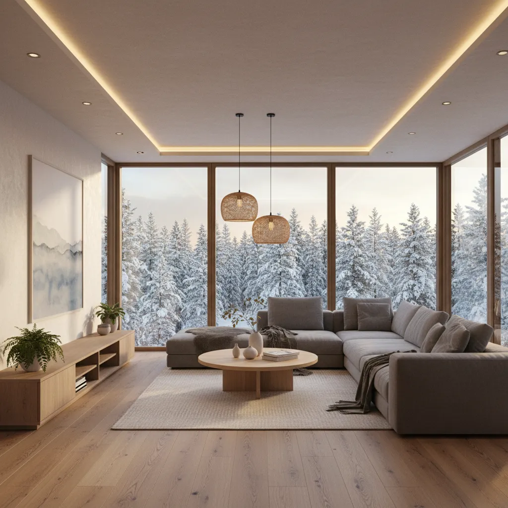 Modern living room with grey sofa and large windows showing a view of snowy forest