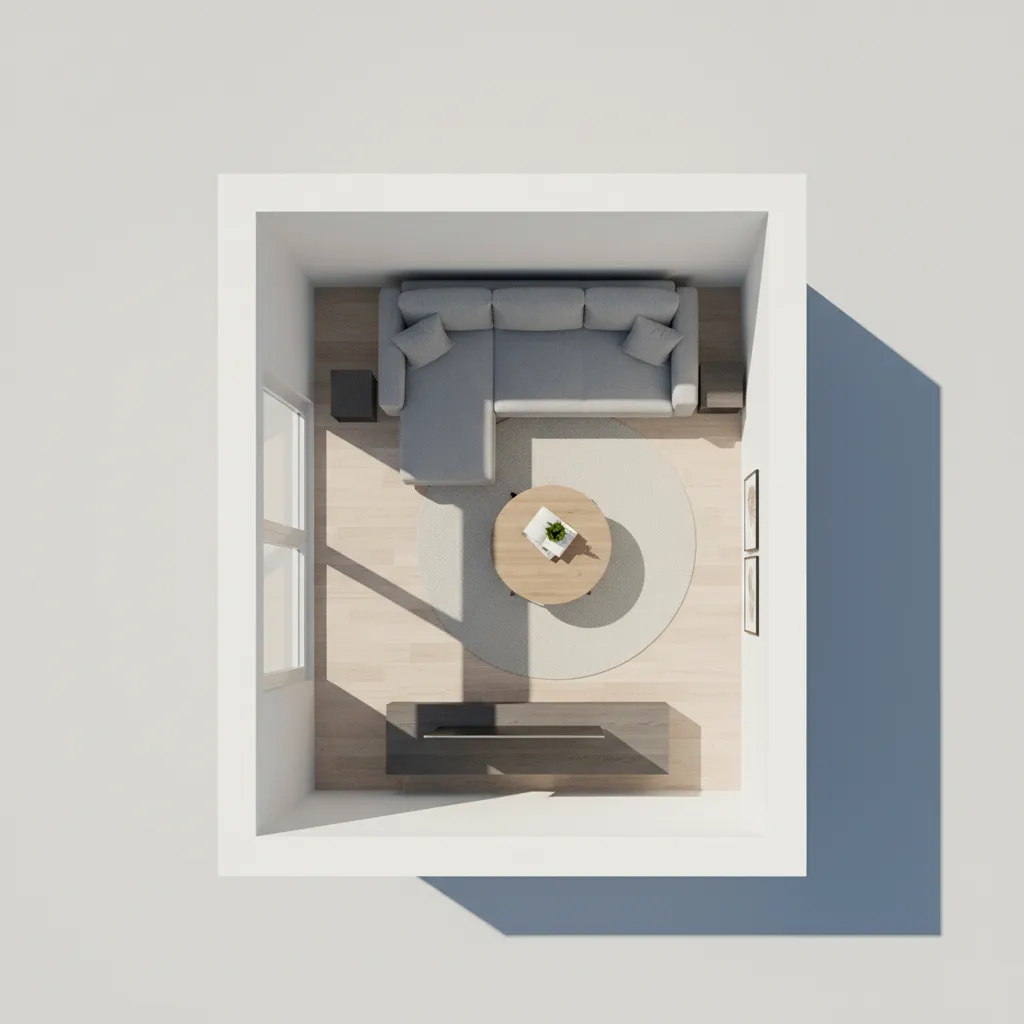 3D living room layout planning for a small apartment