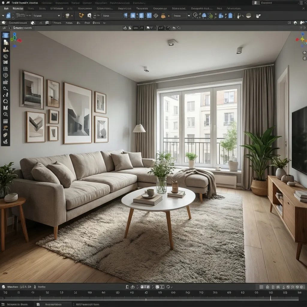 Simulación digital de distribución de sala de estar con muebles