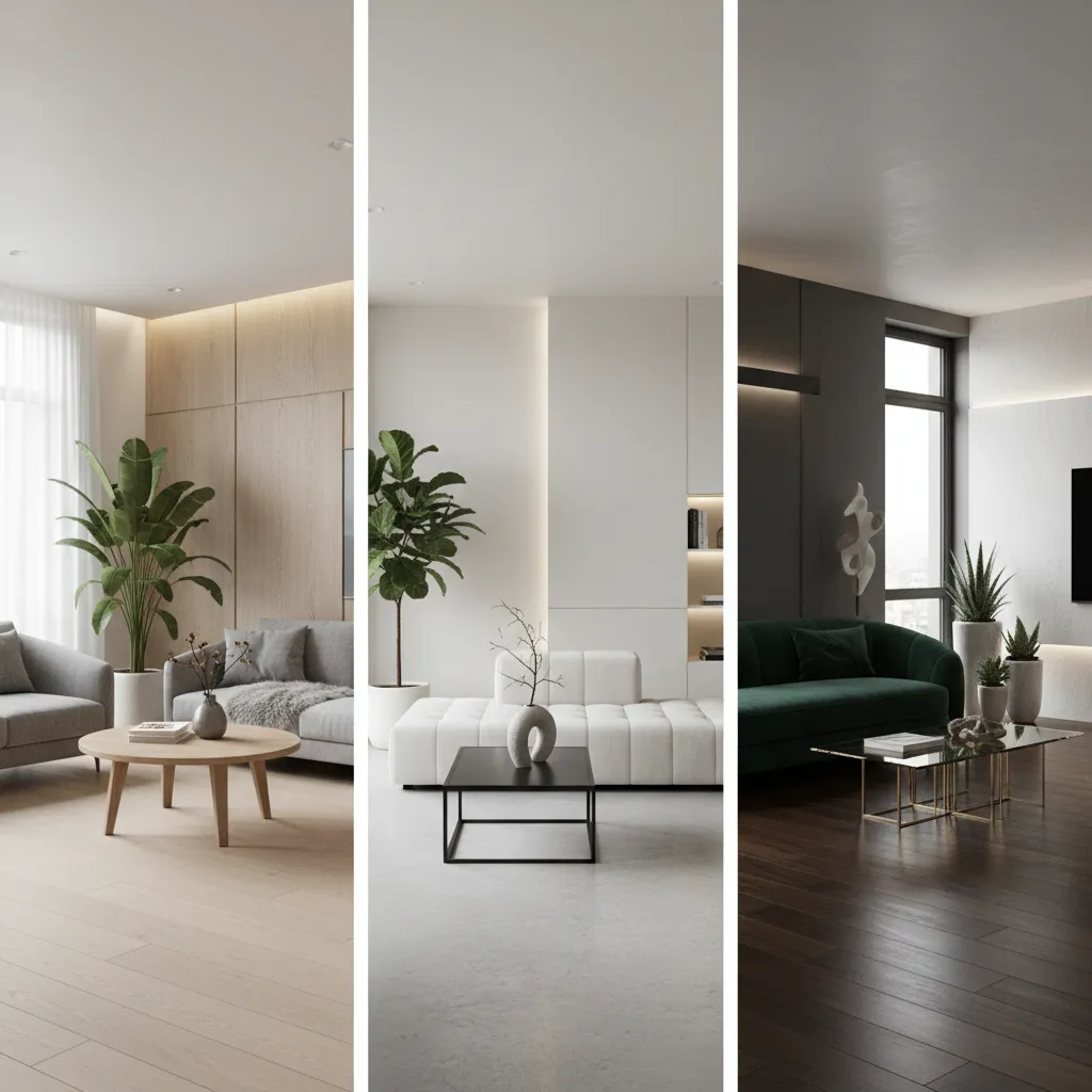 Three different living room designs showing various sofa styles coffee tables plants and wooden floor