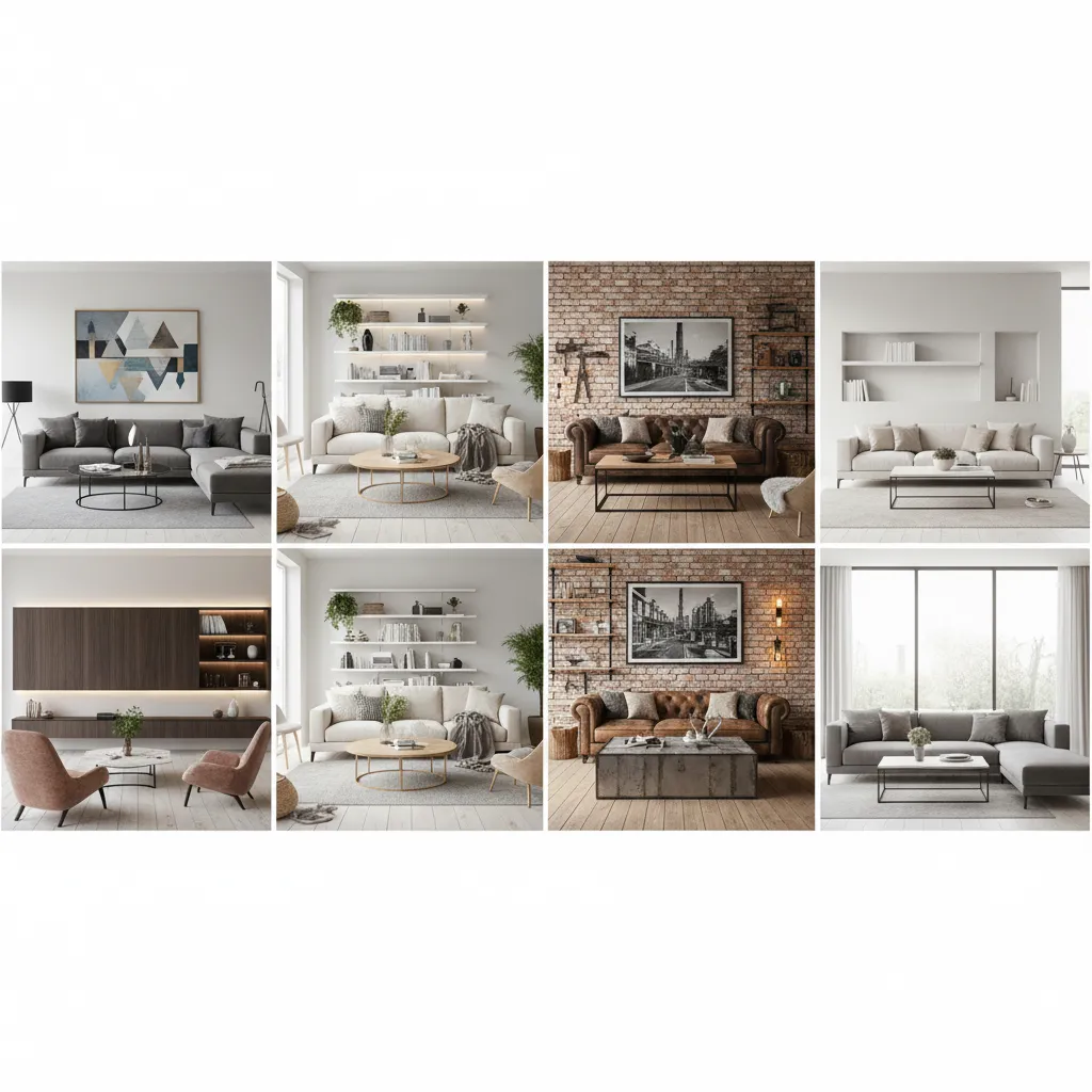 Grid of interior design drawings showing eight different style options for a modern living room